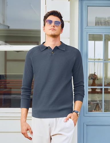 MAGNIVIT Mens Long Sleeve Knit Polo Shirts Casual Raglan Sleeve Sweater 2-Button Down Anti-Pilling Golf Shirts