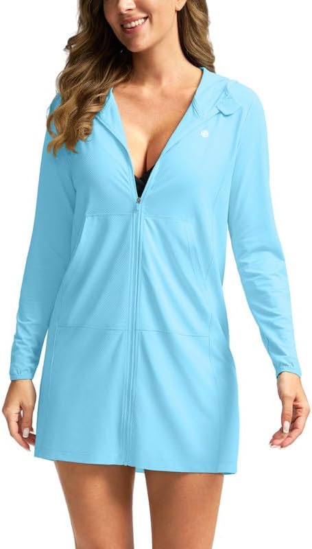 Women's UPF 50+ Swim Cover Up Sun Protection Hoodie Long Jacket SPF Lightweight Beach Cover Ups for Women