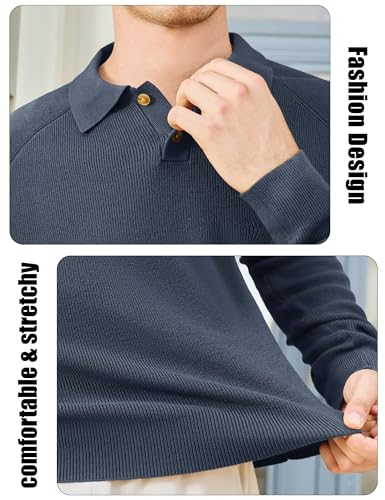 MAGNIVIT Mens Long Sleeve Knit Polo Shirts Casual Raglan Sleeve Sweater 2-Button Down Anti-Pilling Golf Shirts
