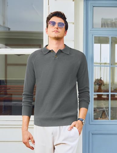 MAGNIVIT Mens Long Sleeve Knit Polo Shirts Casual Raglan Sleeve Sweater 2-Button Down Anti-Pilling Golf Shirts