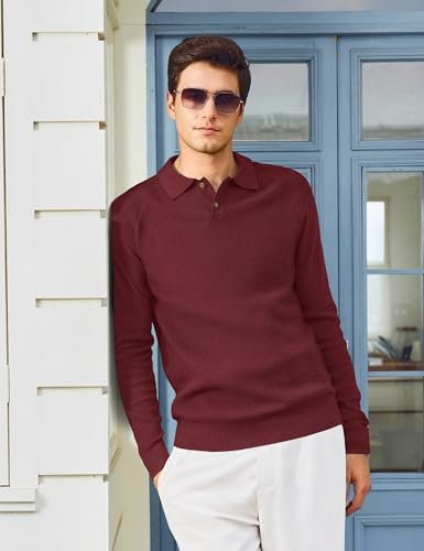 MAGNIVIT Mens Long Sleeve Knit Polo Shirts Casual Raglan Sleeve Sweater 2-Button Down Anti-Pilling Golf Shirts