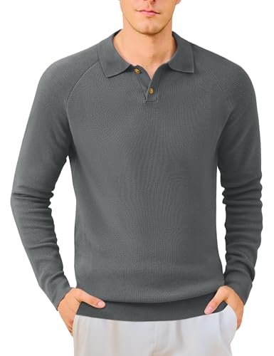 MAGNIVIT Mens Long Sleeve Knit Polo Shirts Casual Raglan Sleeve Sweater 2-Button Down Anti-Pilling Golf Shirts