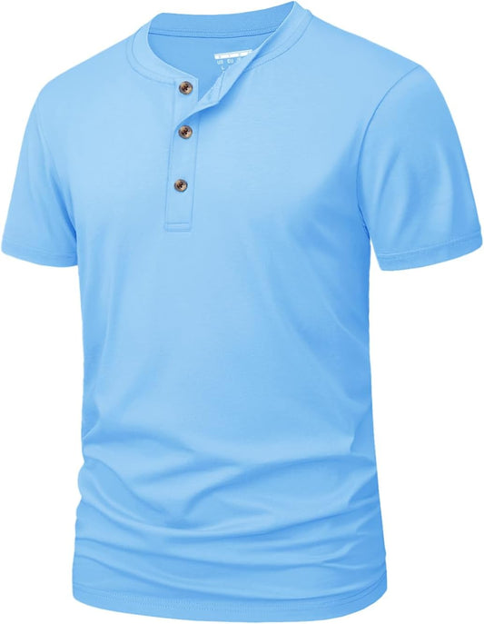MAGNIVIT Men's Henley Shirts Cotton Short Sleeve Tee Lightweight Casual Basic Top Solid Work Shirts for Men WaterFBlue L