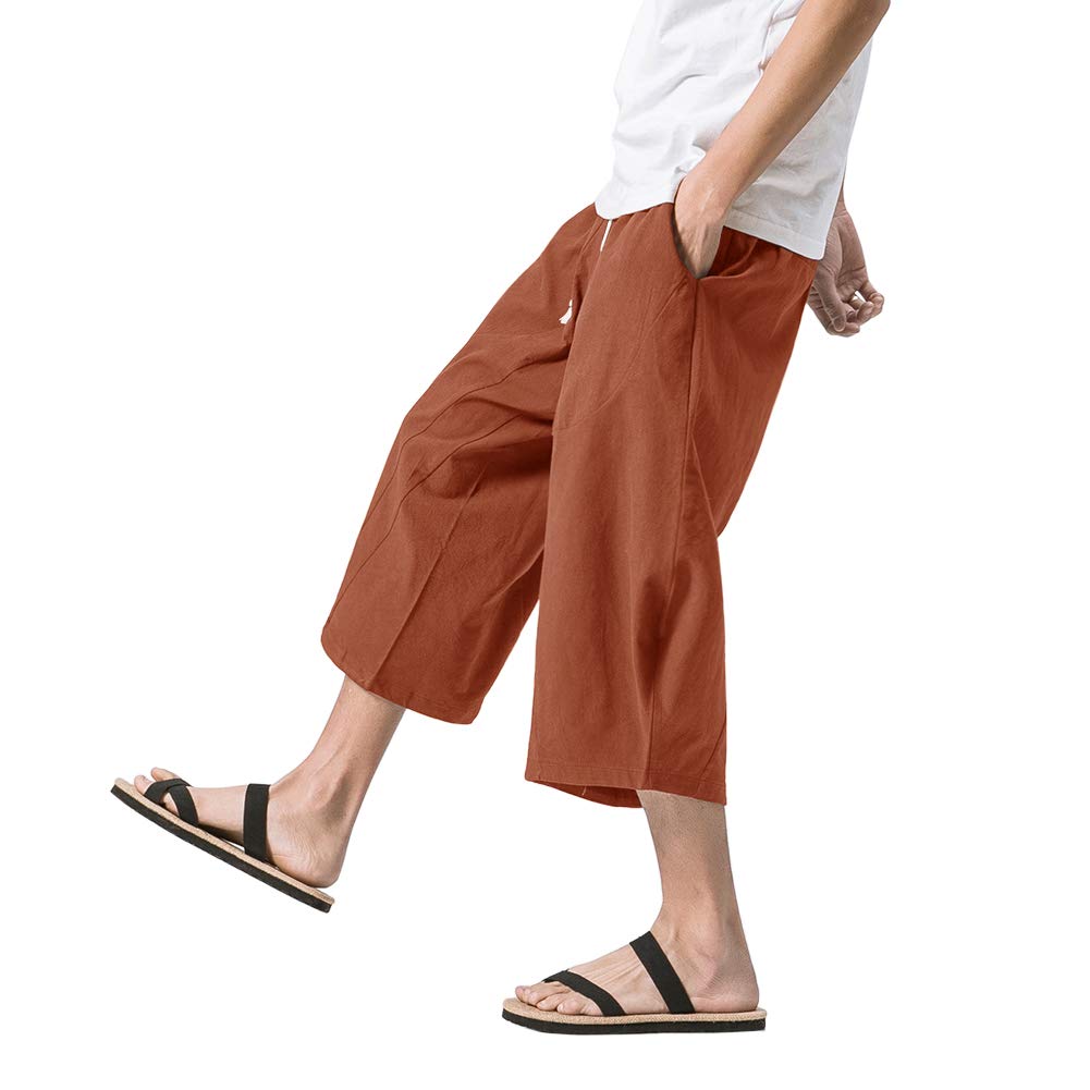 MAGNIVIT Men's Linen Cotton Capri Pants Loose Fit Elastic Waist Wide Leg Baggy Harem Pants