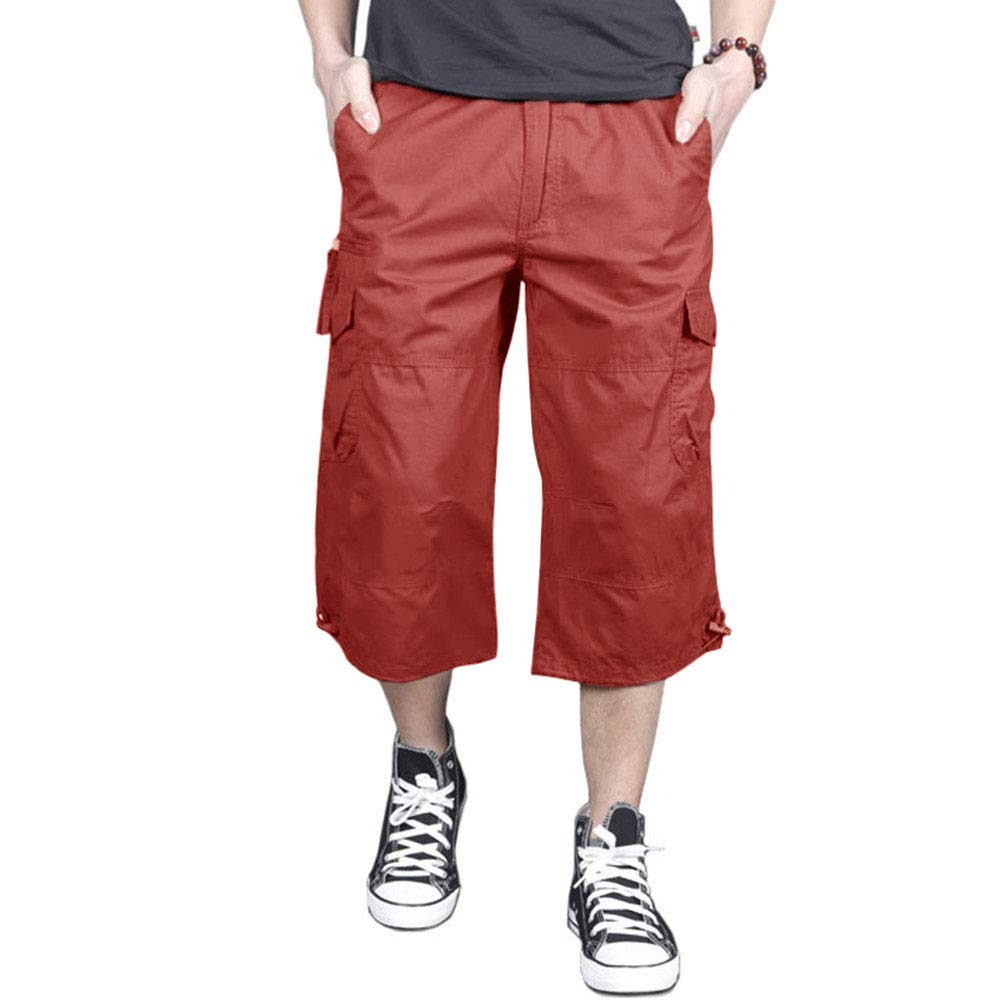 MAGNIVIT Men's Capri Long Elastic Cargo Shorts Below Knee Shorts 3/4 Cotton Cargo Casual Shorts with Multi-Pockets