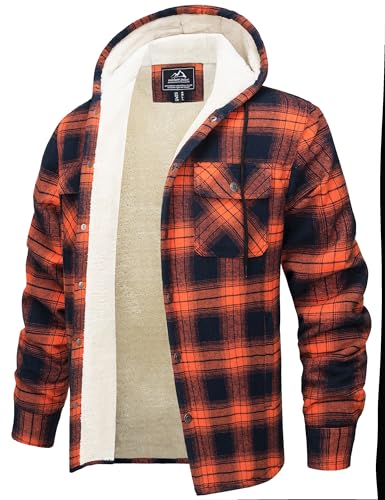 MAGNIVIT Mens Flannel Jacket Sherpa Fleece Lined Plaid Jackets Shirt Thick Snap Button Flannel Hoodie Cotton Winter Shacket