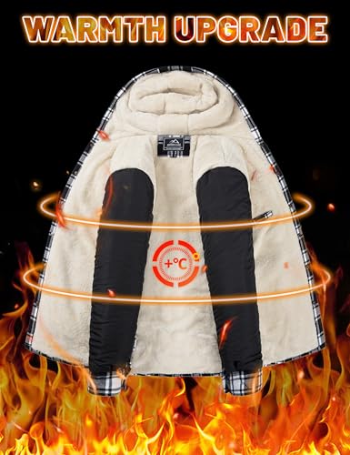 MAGNIVIT Mens Flannel Jacket Sherpa Fleece Lined Plaid Jackets Shirt Thick Snap Button Flannel Hoodie Cotton Winter Shacket