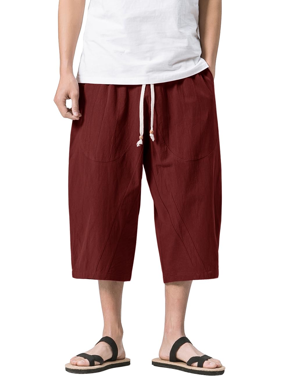 MAGNIVIT Men's Linen Cotton Capri Pants Loose Fit Elastic Waist Wide Leg Baggy Harem Pants