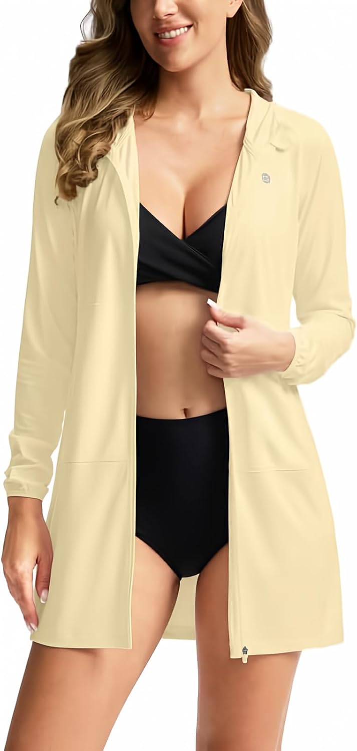 Women's UPF 50+ Swim Cover Up Sun Protection Hoodie Long Jacket SPF Lightweight Beach Cover Ups for Women