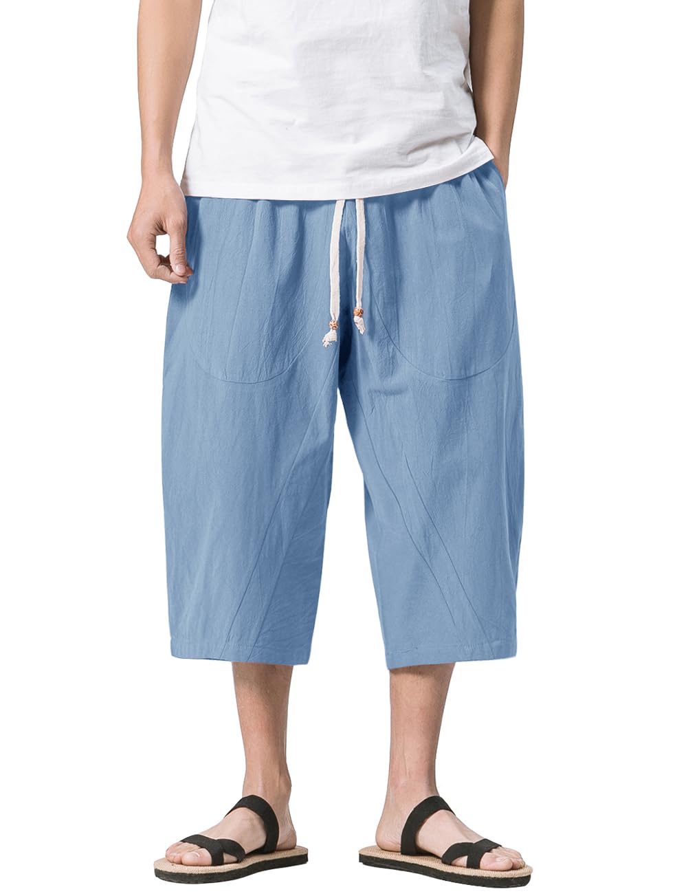 MAGNIVIT Men's Linen Cotton Capri Pants Loose Fit Elastic Waist Wide Leg Baggy Harem Pants