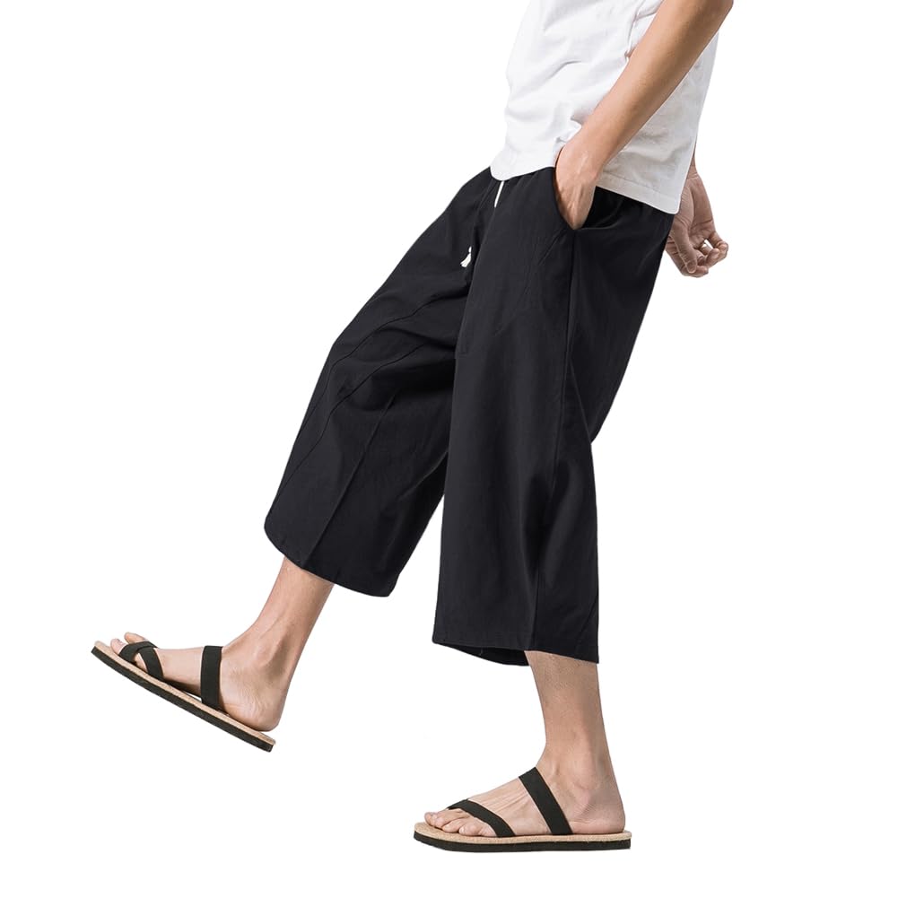 MAGNIVIT Men's Linen Cotton Capri Pants Loose Fit Elastic Waist Wide Leg Baggy Harem Pants