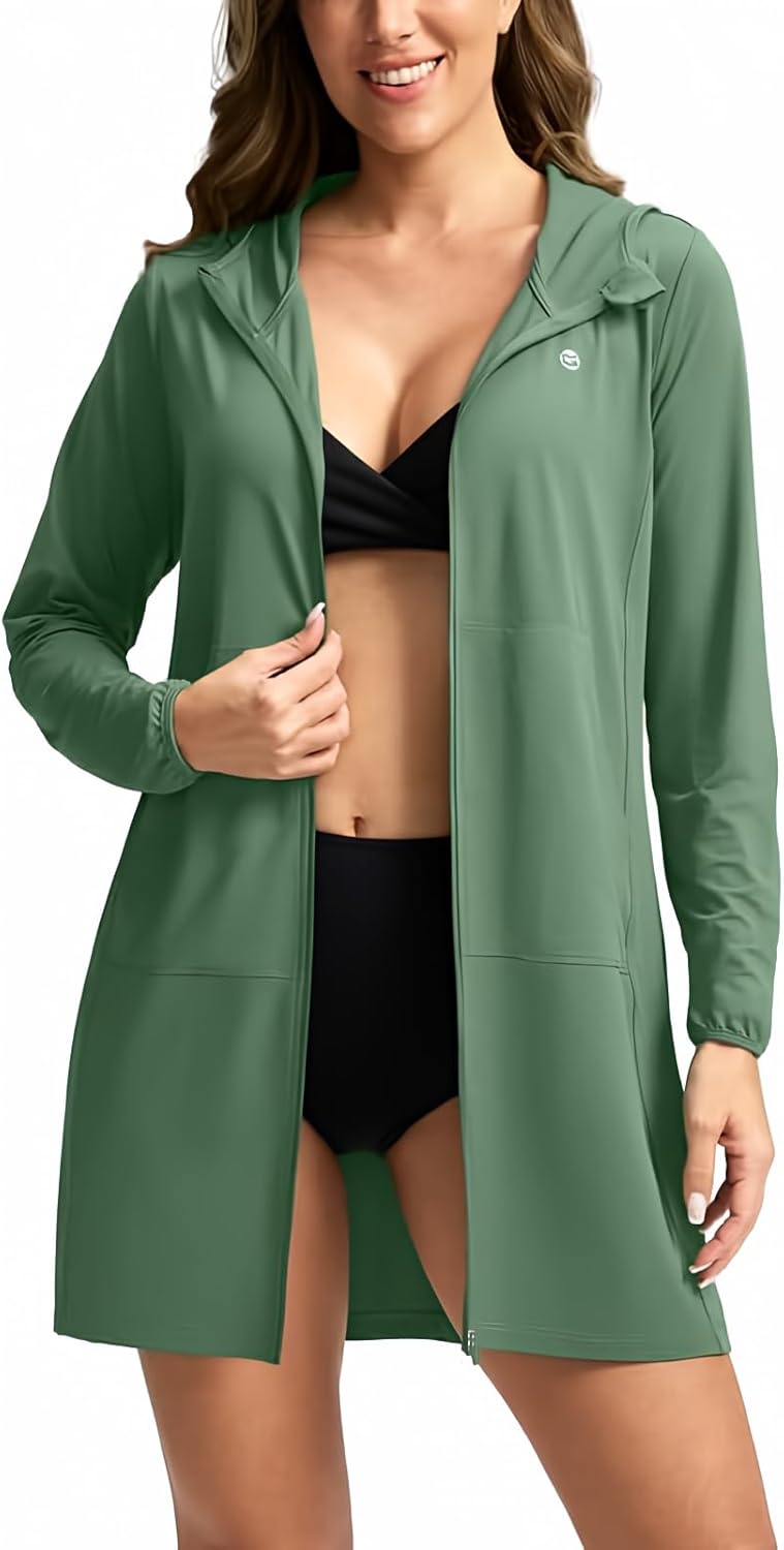 Women's UPF 50+ Swim Cover Up Sun Protection Hoodie Long Jacket SPF Lightweight Beach Cover Ups for Women