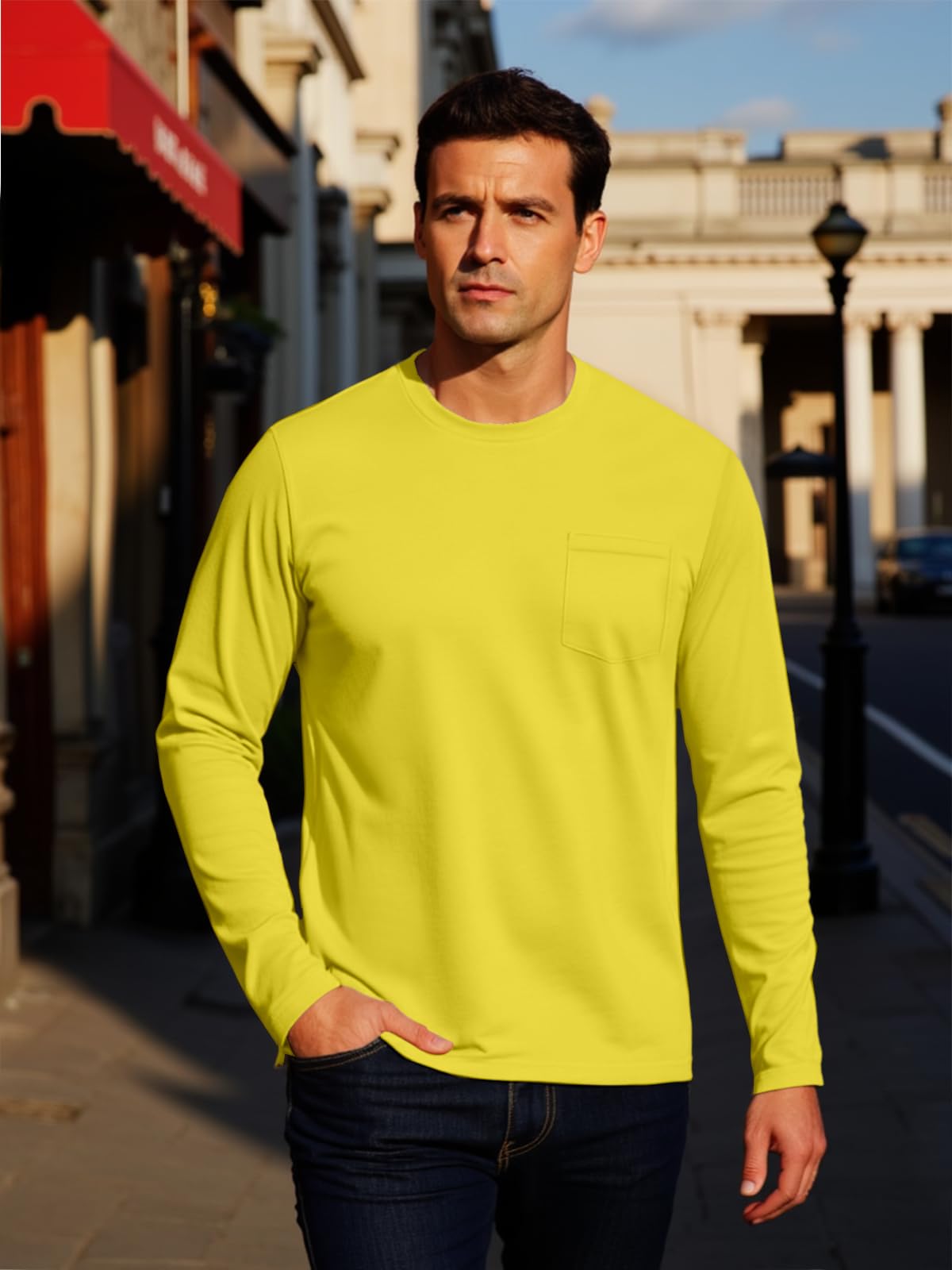 MAGNIVIT Men's Long Sleeve Cotton Shirts with Pocket Crew Neck Casual Shirt Regular Fit Solid Top Spring Fashion 2025