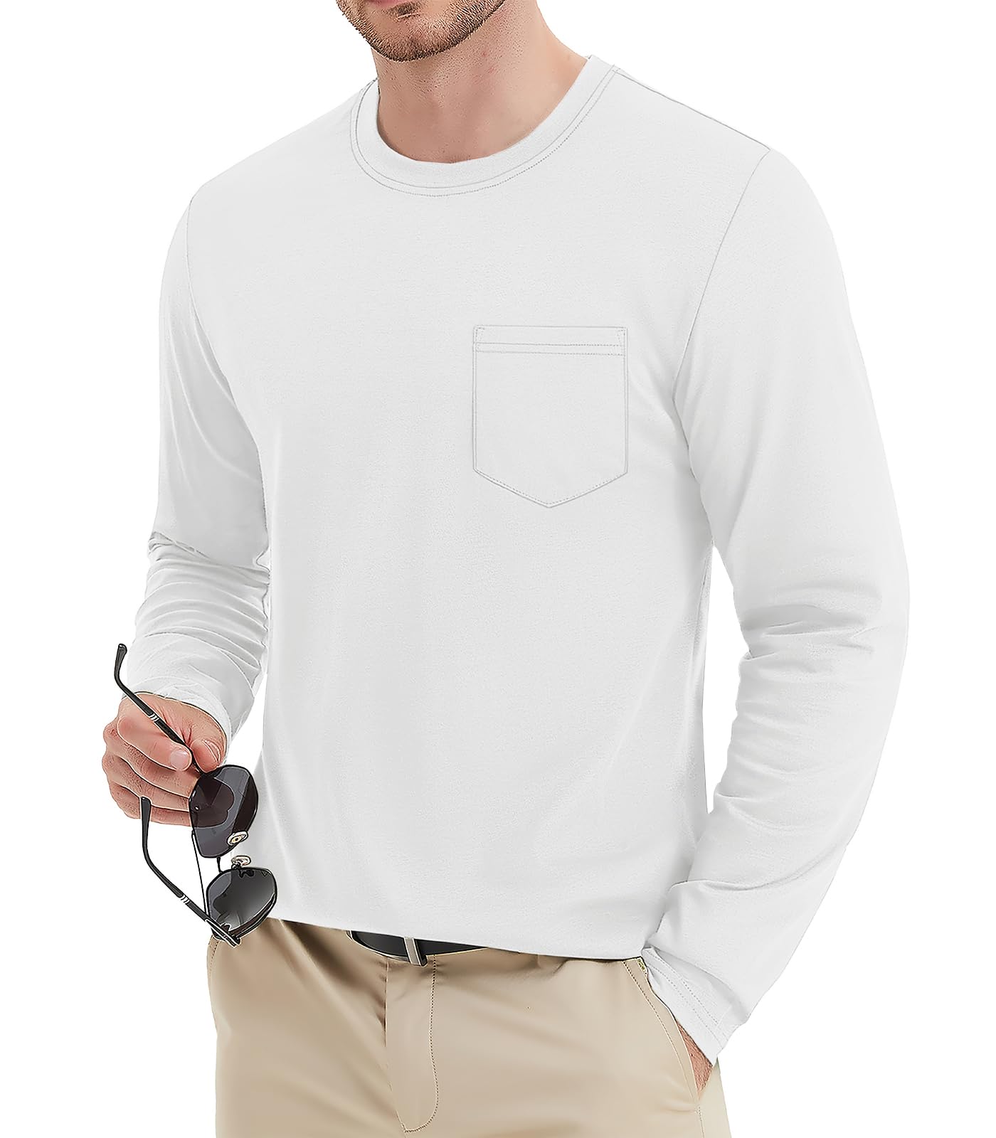 MAGNIVIT Men's Long Sleeve Cotton Shirts with Pocket Crew Neck Casual Shirt Regular Fit Solid Top Spring Fashion 2025