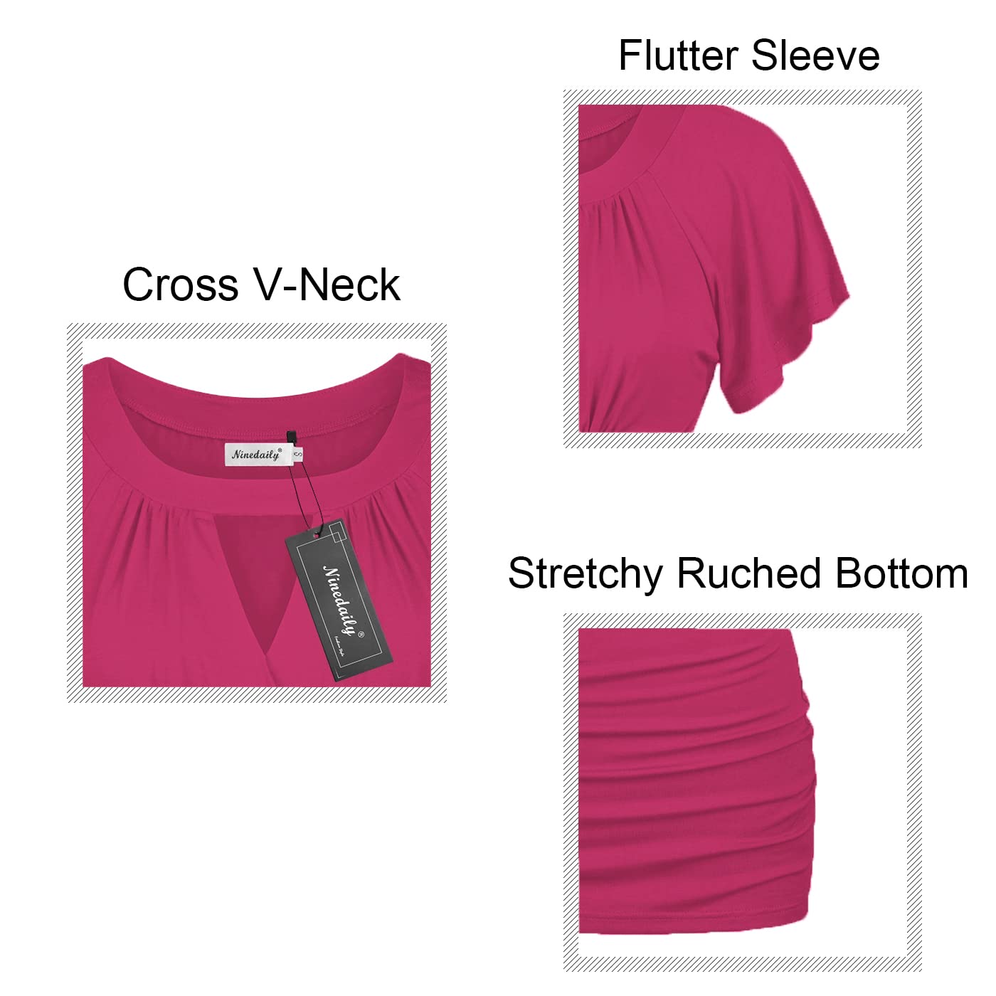 Ninedaily Women Dressy Tunic Tops Crossover V Neck Raglan Sleeve Ruched Blouse