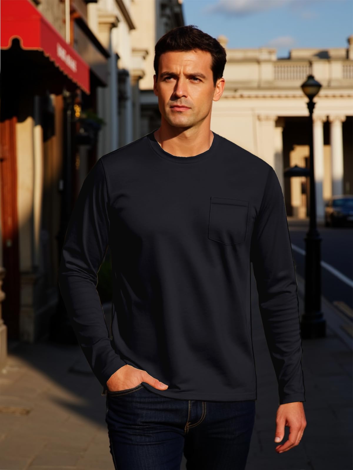 MAGNIVIT Men's Long Sleeve Cotton Shirts with Pocket Crew Neck Casual Shirt Regular Fit Solid Top Spring Fashion 2025