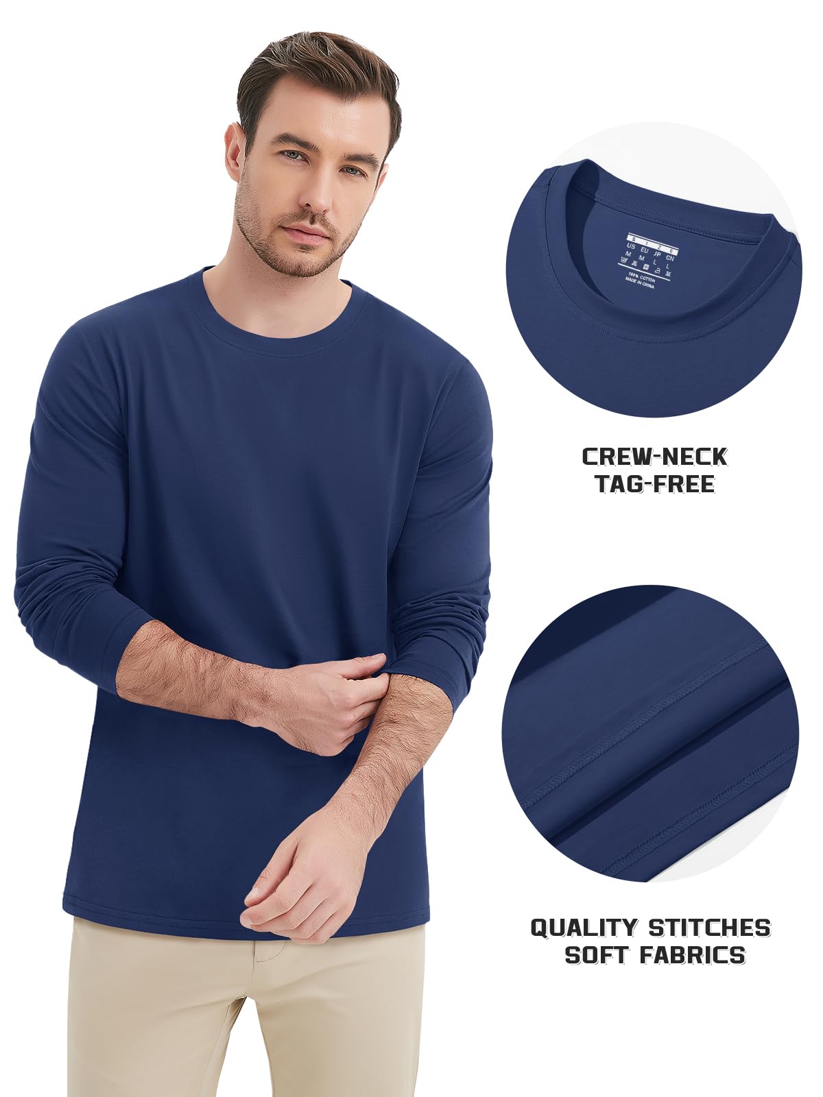 MAGNIVIT Men's Long Sleeve Shirts Cotton T-Shirt Crew Neck Midweight Tees Classic Basic Casual Tops Plain Soft Shirt