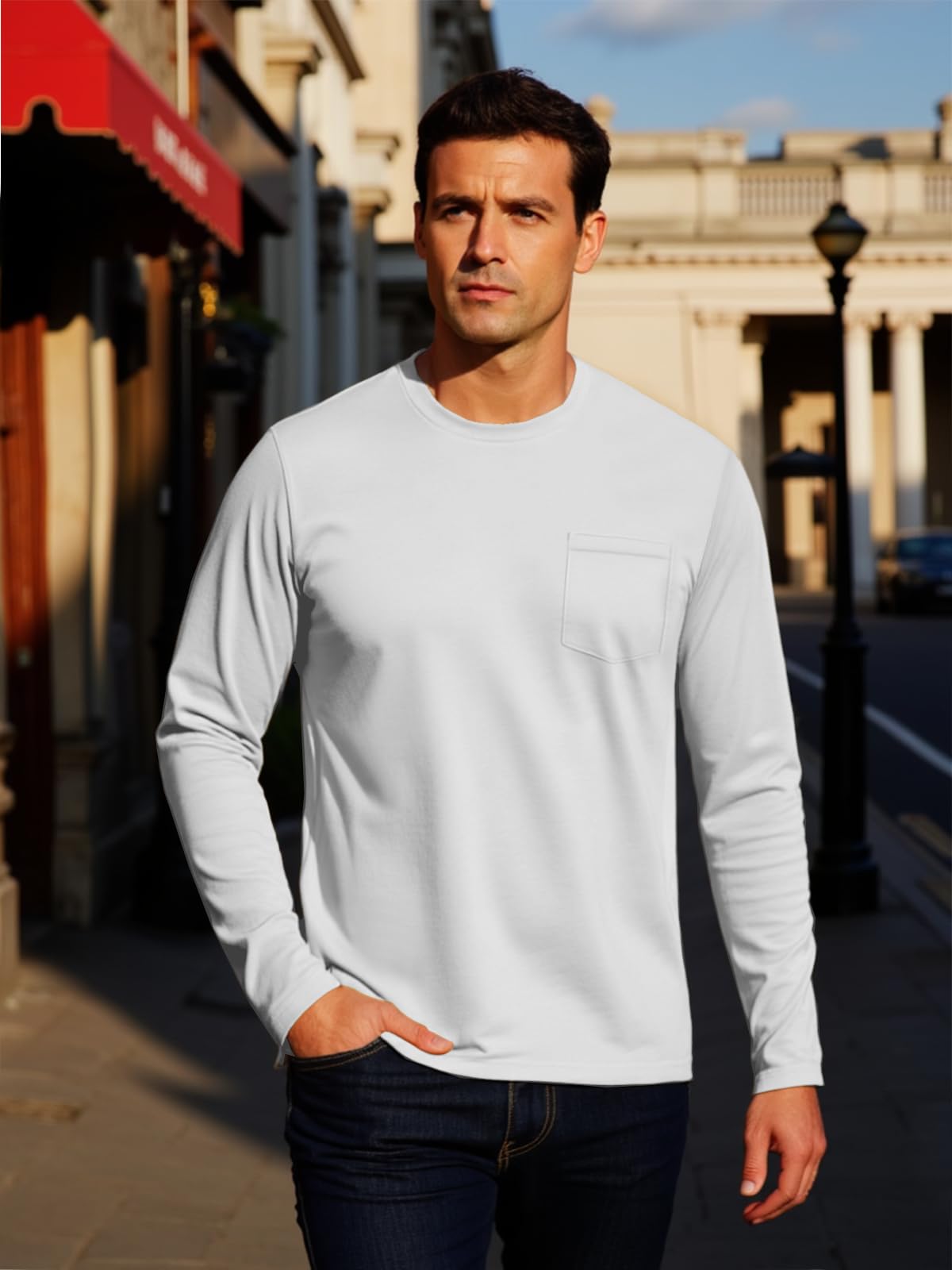 MAGNIVIT Men's Long Sleeve Cotton Shirts with Pocket Crew Neck Casual Shirt Regular Fit Solid Top Spring Fashion 2025