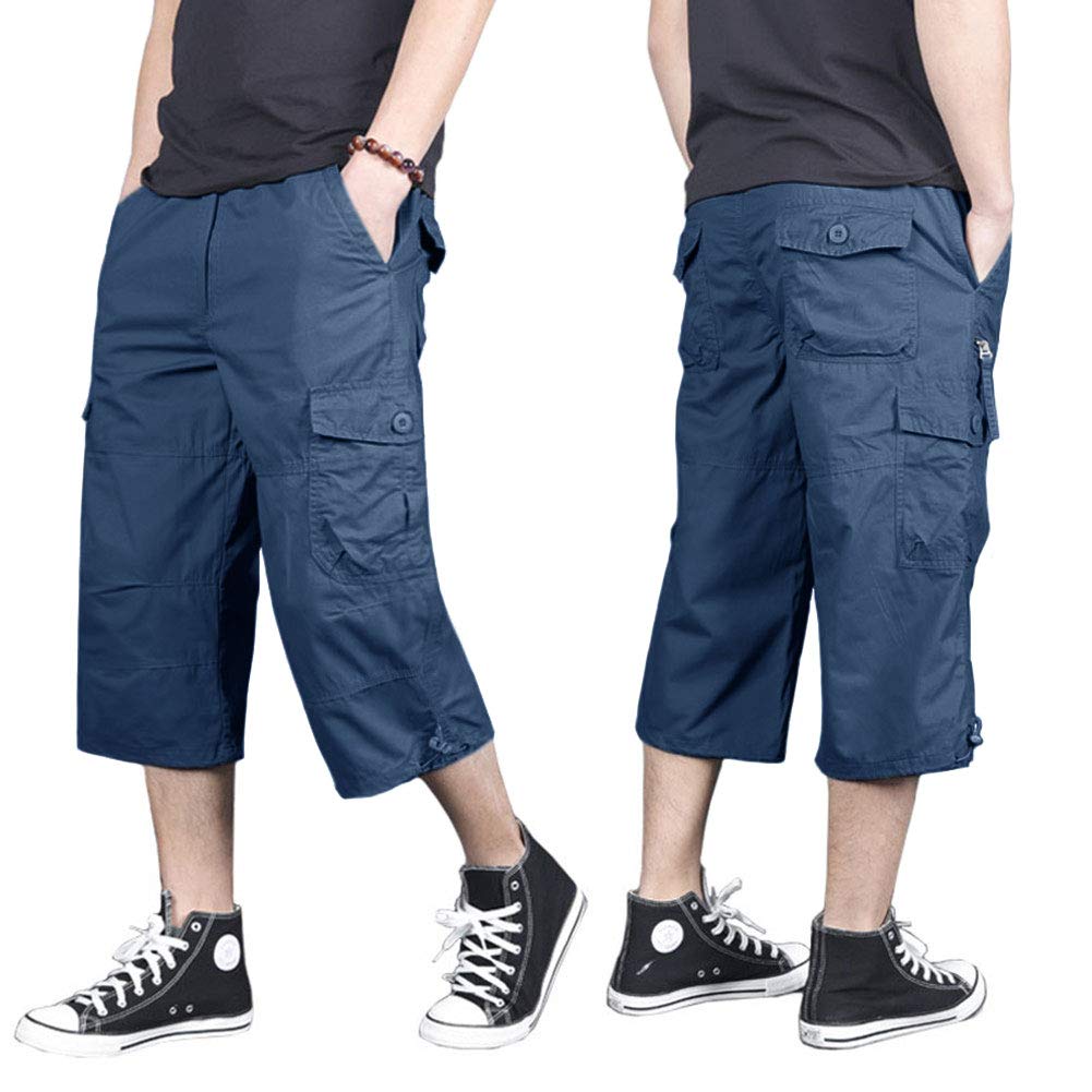 MAGNIVIT Men's Capri Long Elastic Cargo Shorts Below Knee Shorts 3/4 Cotton Cargo Casual Shorts with Multi-Pockets