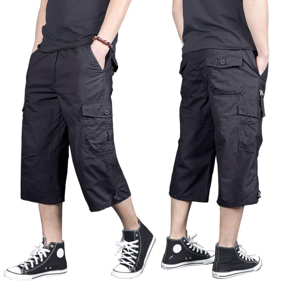 MAGNIVIT Men's Capri Long Elastic Cargo Shorts Below Knee Shorts 3/4 Cotton Cargo Casual Shorts with Multi-Pockets