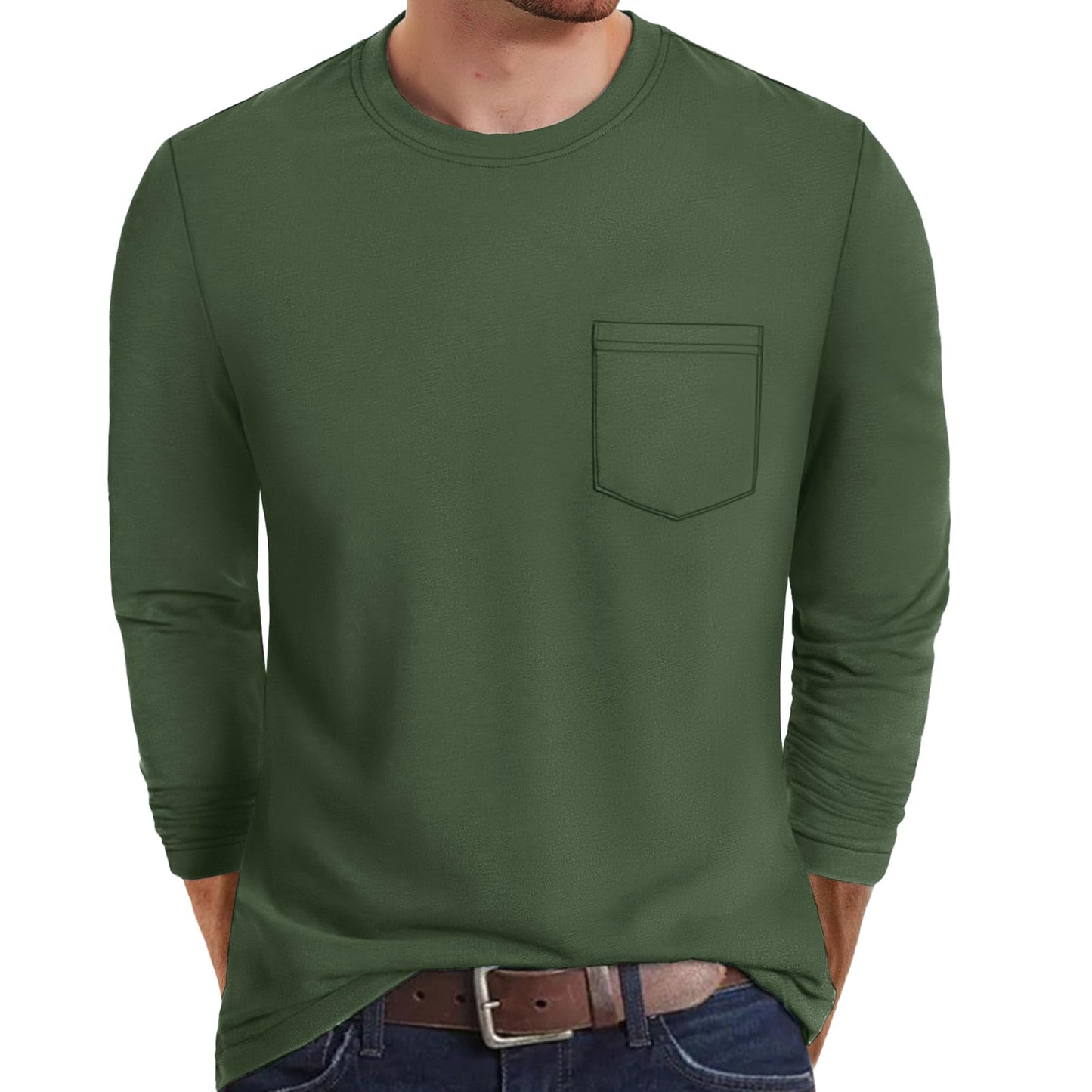 MAGNIVIT Men's Long Sleeve Cotton Shirts with Pocket Crew Neck Casual Shirt Regular Fit Solid Top Spring Fashion 2025