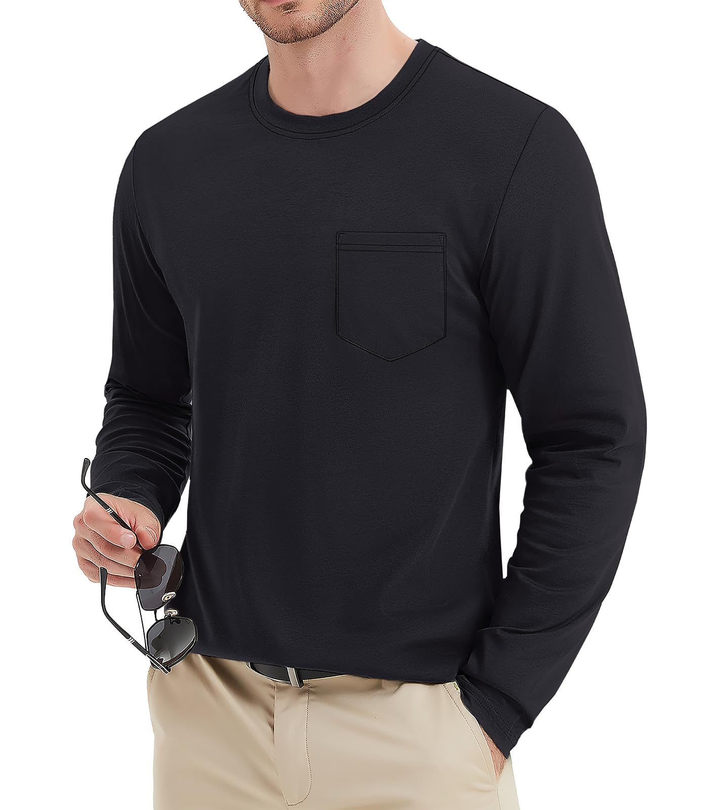 MAGNIVIT Men's Long Sleeve Cotton Shirts with Pocket Crew Neck Casual Shirt Regular Fit Solid Top Spring Fashion 2025