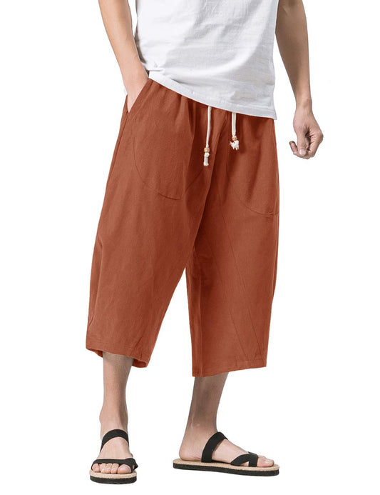 MAGNIVIT Men's Linen Cotton Capri Pants Loose Fit Elastic Waist Wide Leg Baggy Harem Pants
