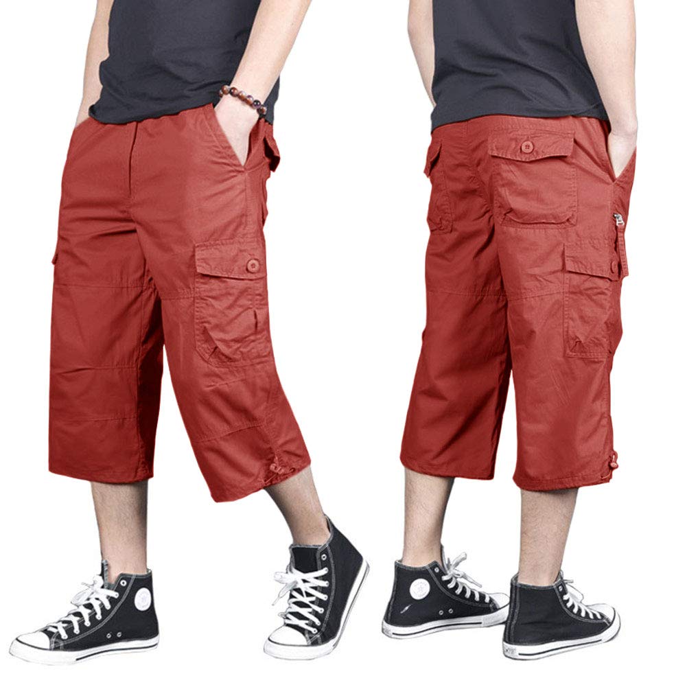 MAGNIVIT Men's Capri Long Elastic Cargo Shorts Below Knee Shorts 3/4 Cotton Cargo Casual Shorts with Multi-Pockets