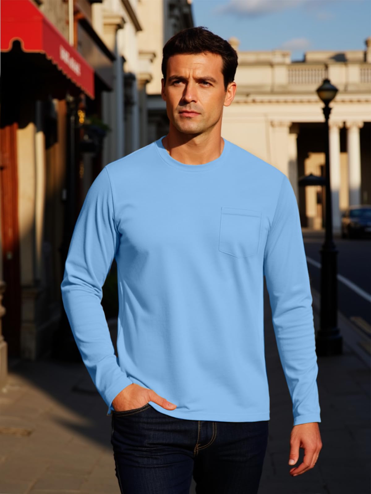 MAGNIVIT Men's Long Sleeve Cotton Shirts with Pocket Crew Neck Casual Shirt Regular Fit Solid Top Spring Fashion 2025