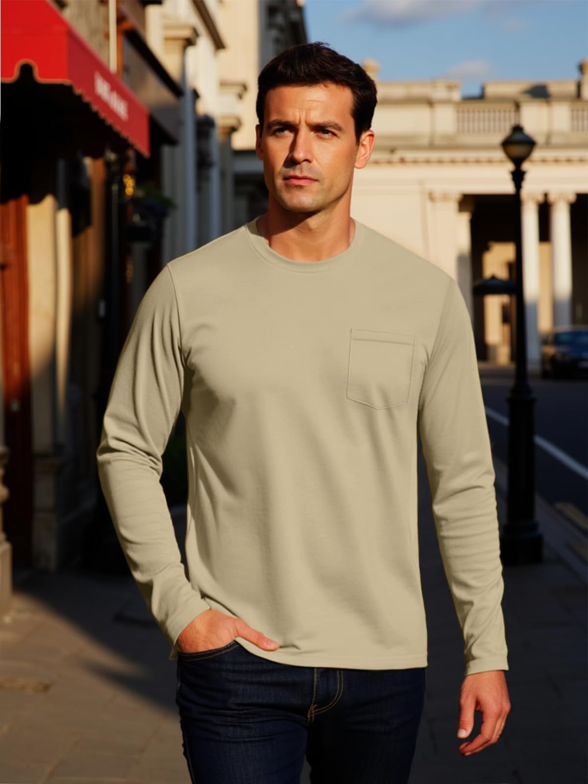 MAGNIVIT Men's Long Sleeve Cotton Shirts with Pocket Crew Neck Casual Shirt Regular Fit Solid Top Spring Fashion 2025