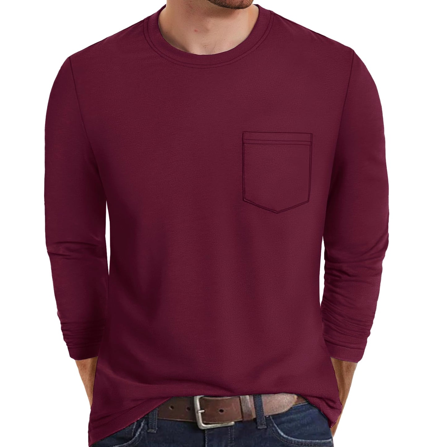MAGNIVIT Men's Long Sleeve Cotton Shirts with Pocket Crew Neck Casual Shirt Regular Fit Solid Top Spring Fashion 2025