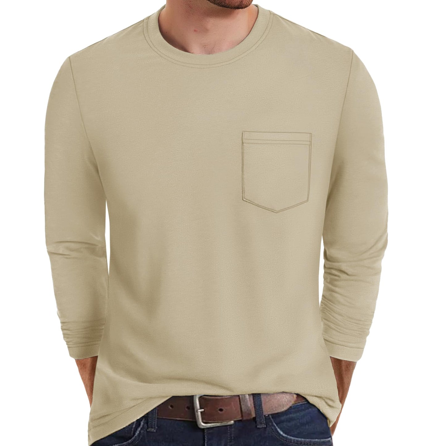 MAGNIVIT Men's Long Sleeve Cotton Shirts with Pocket Crew Neck Casual Shirt Regular Fit Solid Top Spring Fashion 2025