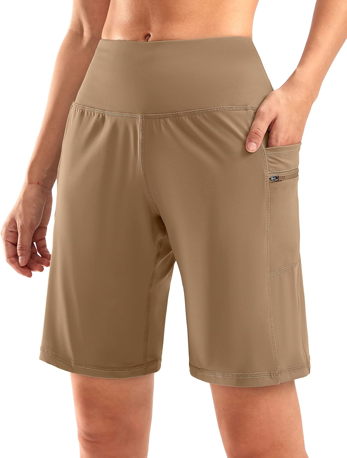 G Gradual Women's High Waisted 9" Bermuda Shorts with Zipper Pockets Athletic Workout Long Shorts for Women Knee Length