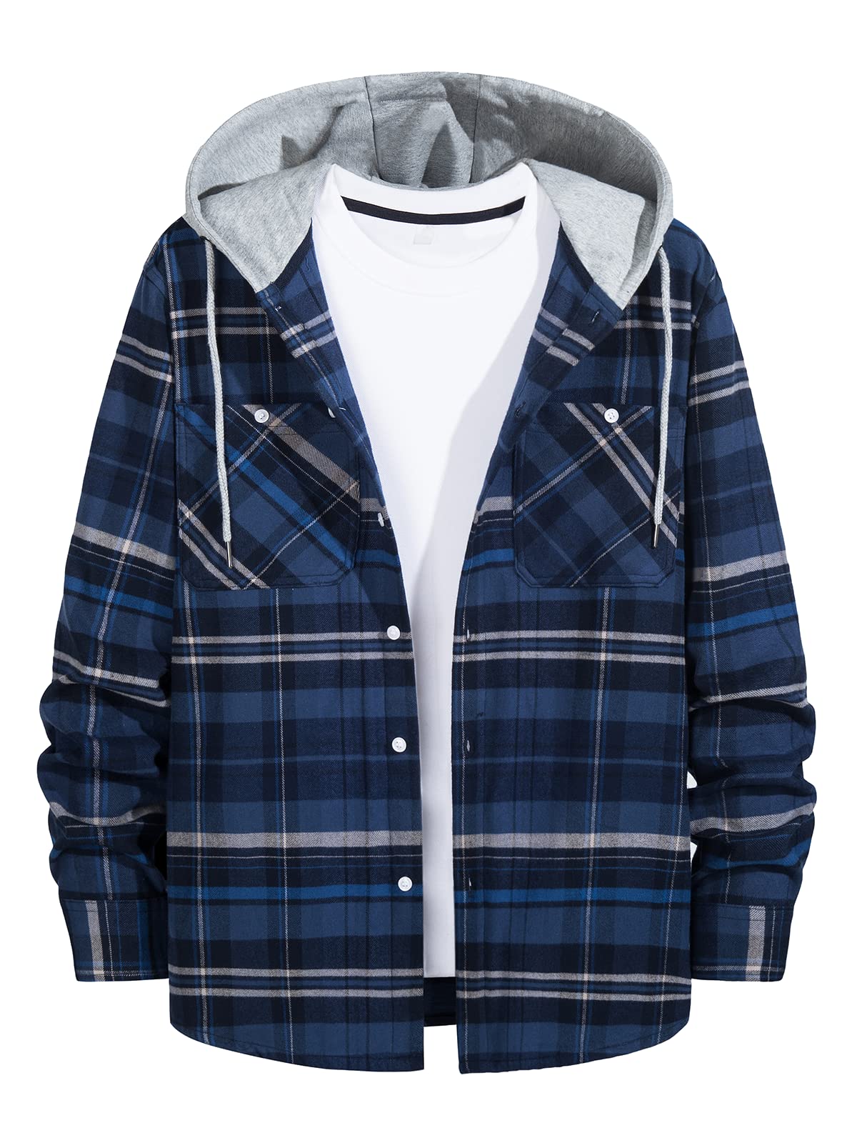 MAGNIVIT Mens Classic Plaid Long Sleeve Hooded Shirts Multi Pockets Thin Cotton Light Jacket Relaxed Fit Casual Outwear