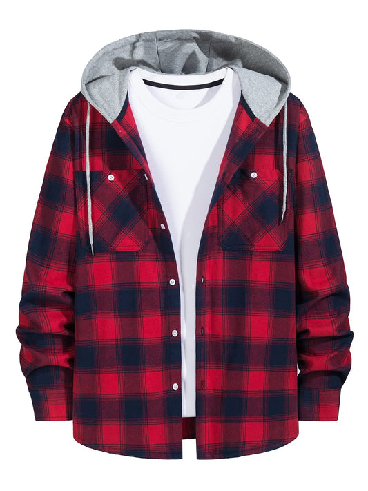 MAGNIVIT Mens Classic Plaid Long Sleeve Hooded Shirts Multi Pockets Thin Cotton Light Jacket Relaxed Fit Casual Outwear