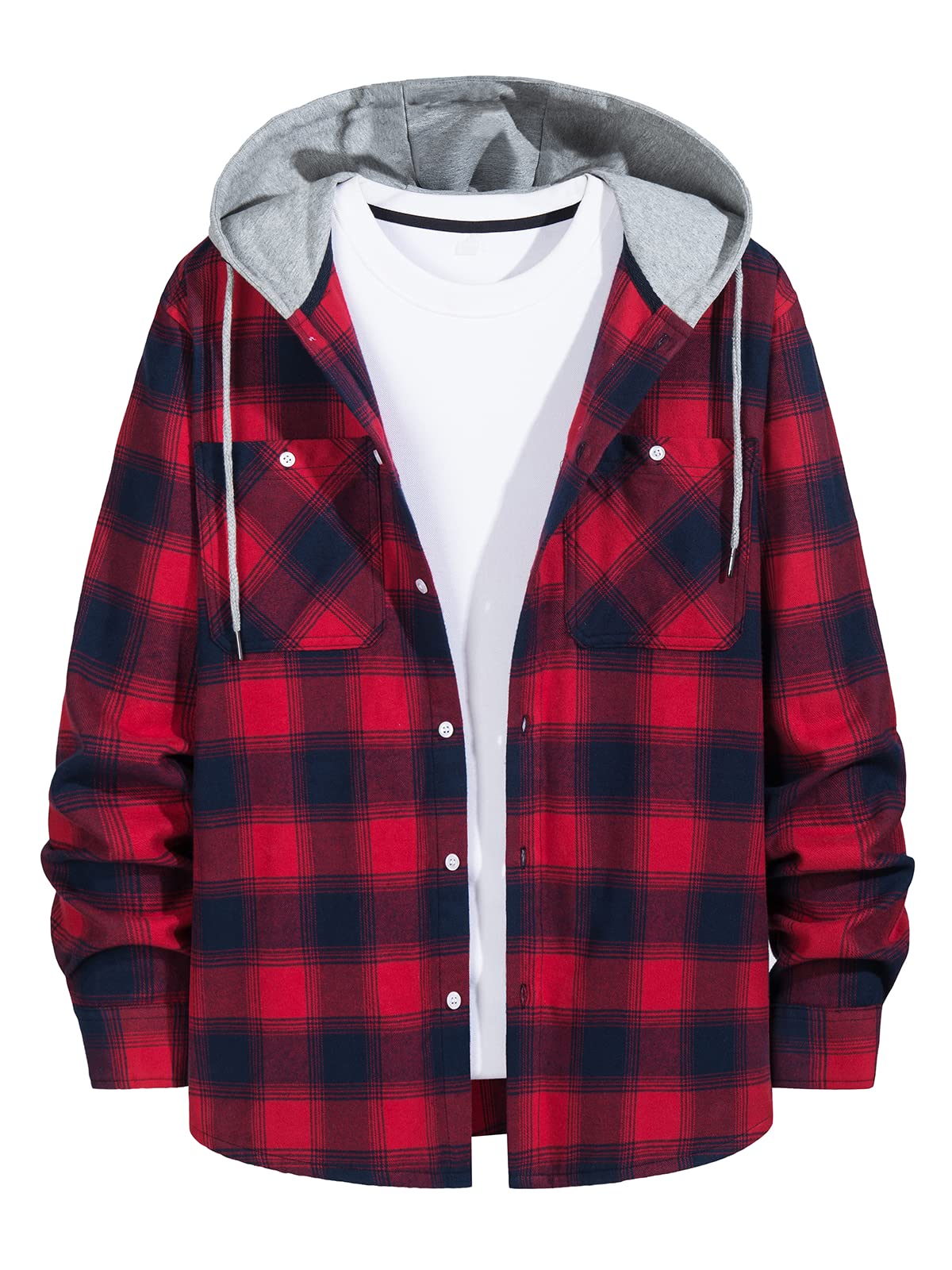 MAGNIVIT Mens Classic Plaid Long Sleeve Hooded Shirts Multi Pockets Thin Cotton Light Jacket Relaxed Fit Casual Outwear