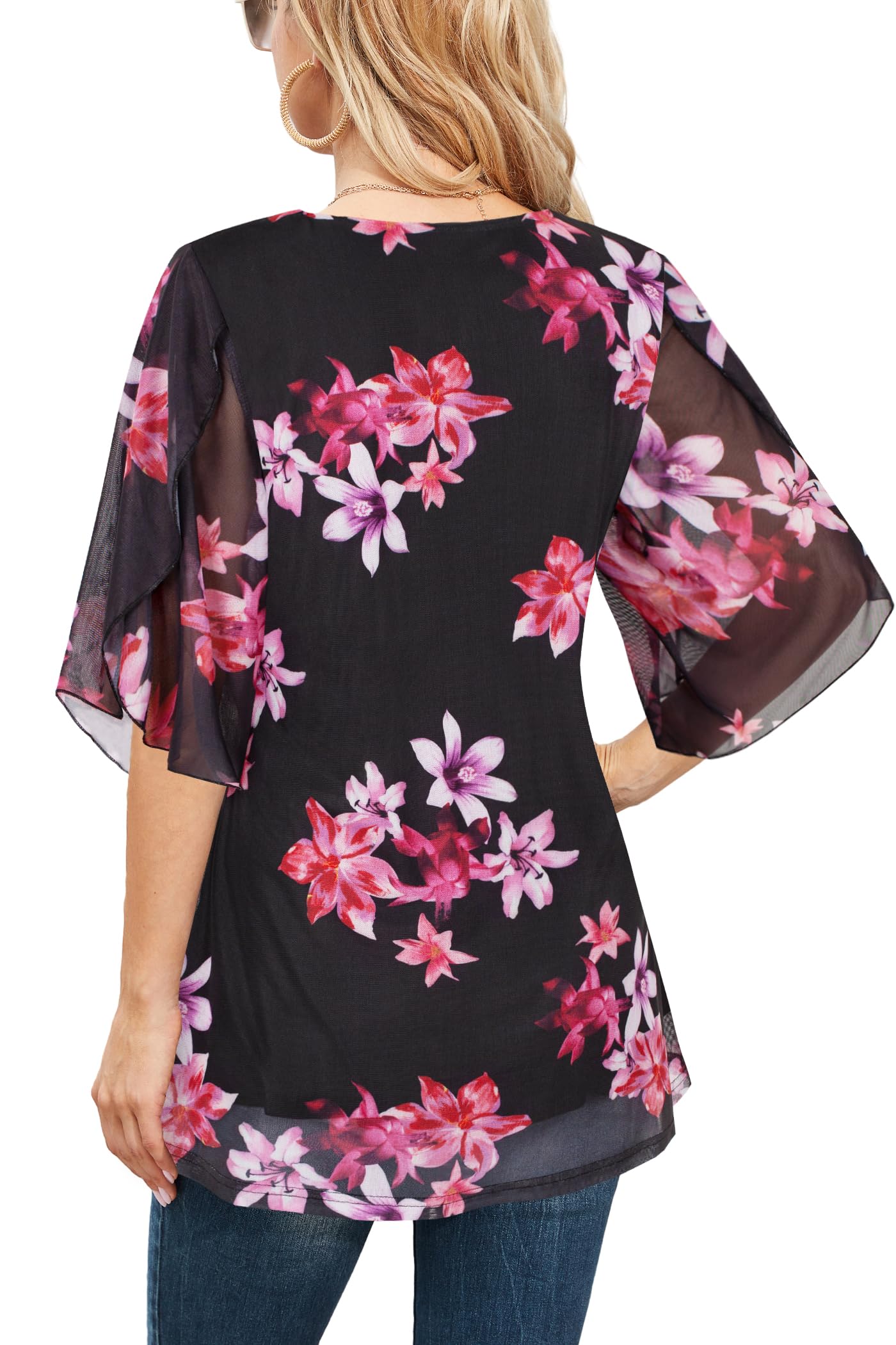 Ninedaily Women's Tops 3/4 Sleeve Blouses Dressy Casual Double Layers Mesh Tunic Shirts