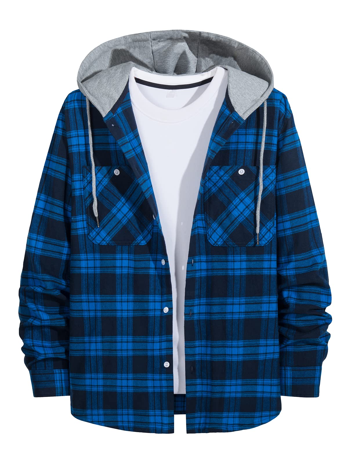 MAGNIVIT Mens Classic Plaid Long Sleeve Hooded Shirts Multi Pockets Thin Cotton Light Jacket Relaxed Fit Casual Outwear