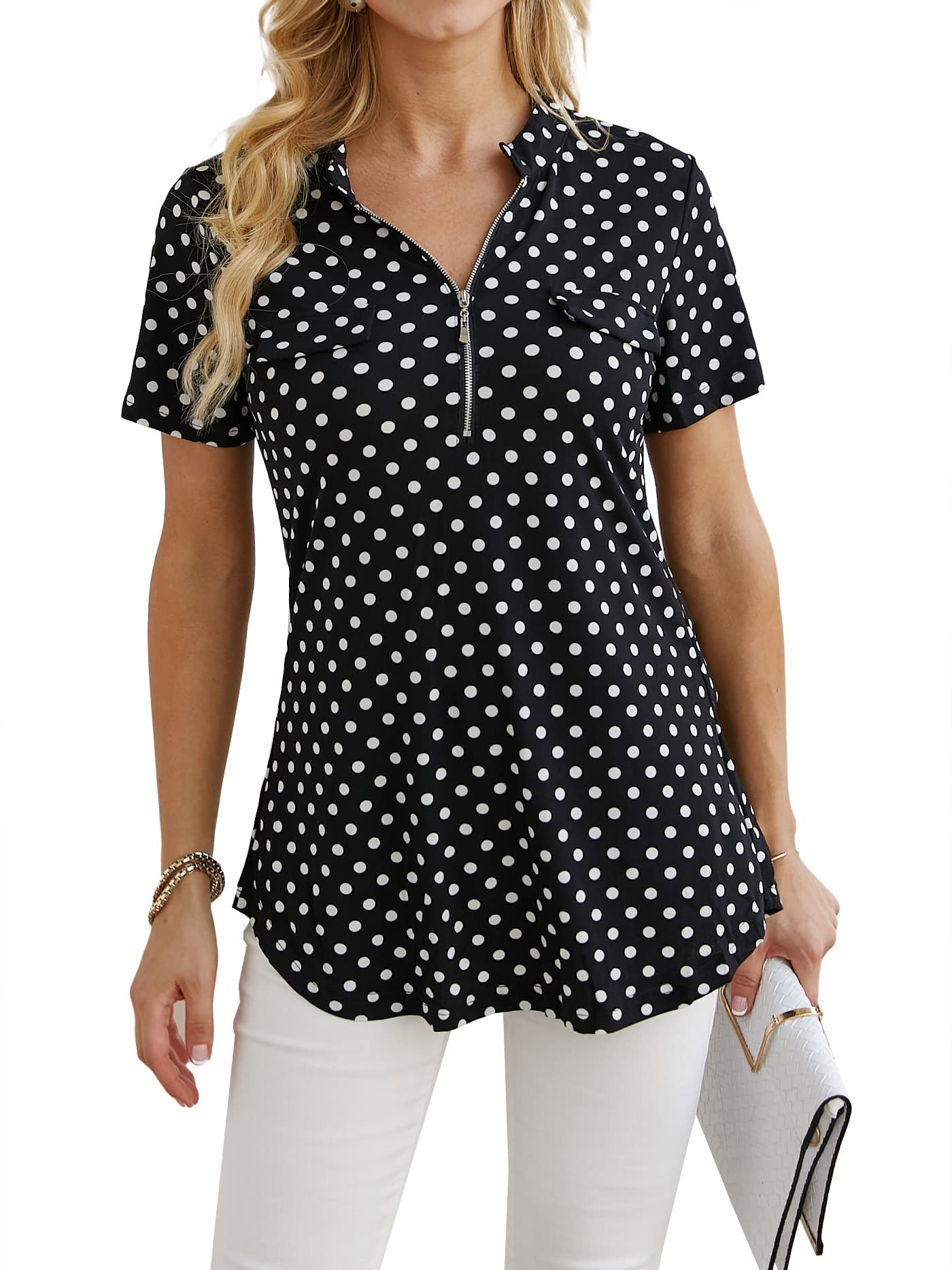 Ninedaily Women's Summer Tops Short Sleeve Casual Blouse Zip Floral Tunic Shirts