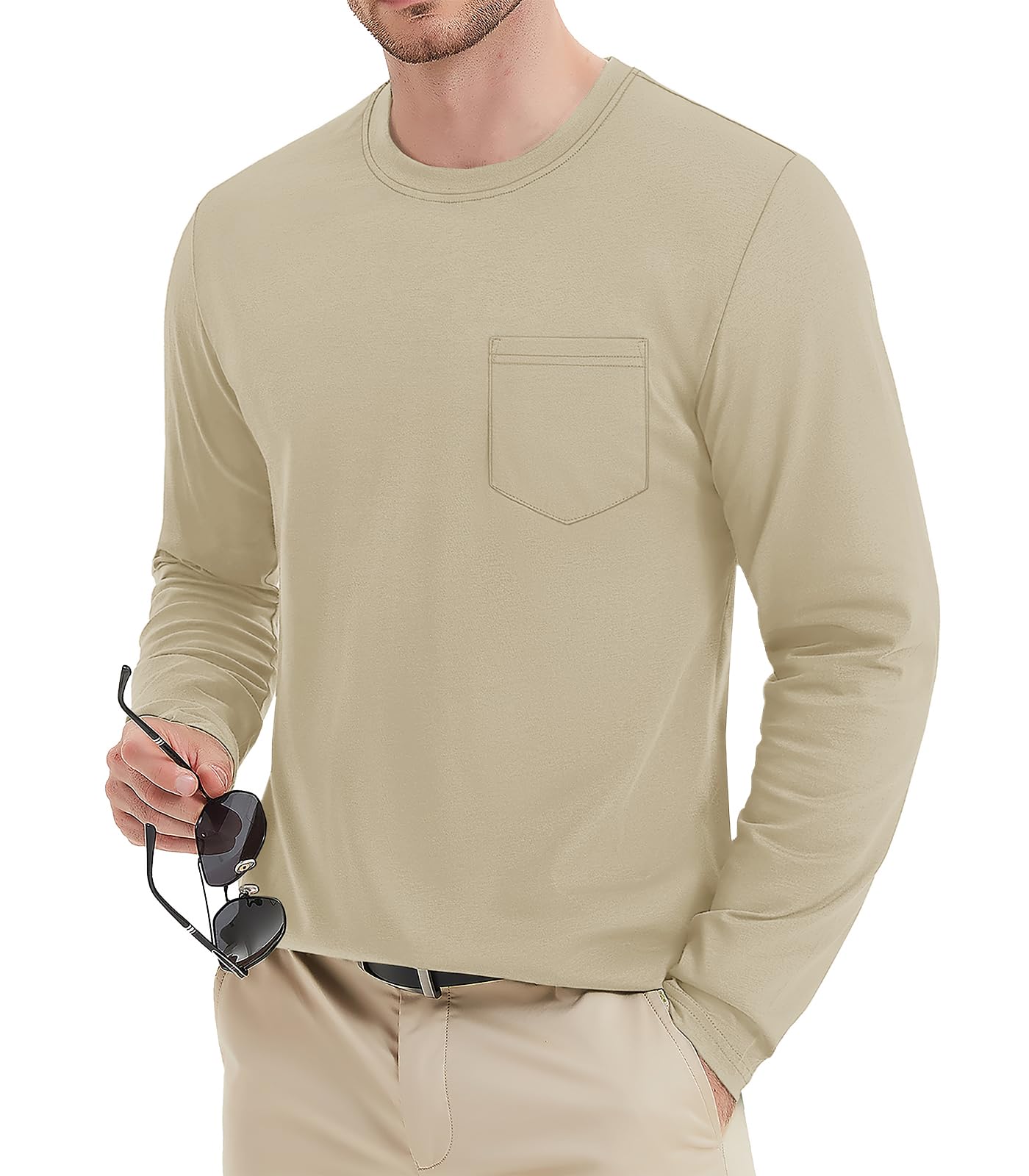 MAGNIVIT Men's Long Sleeve Cotton Shirts with Pocket Crew Neck Casual Shirt Regular Fit Solid Top Spring Fashion 2025