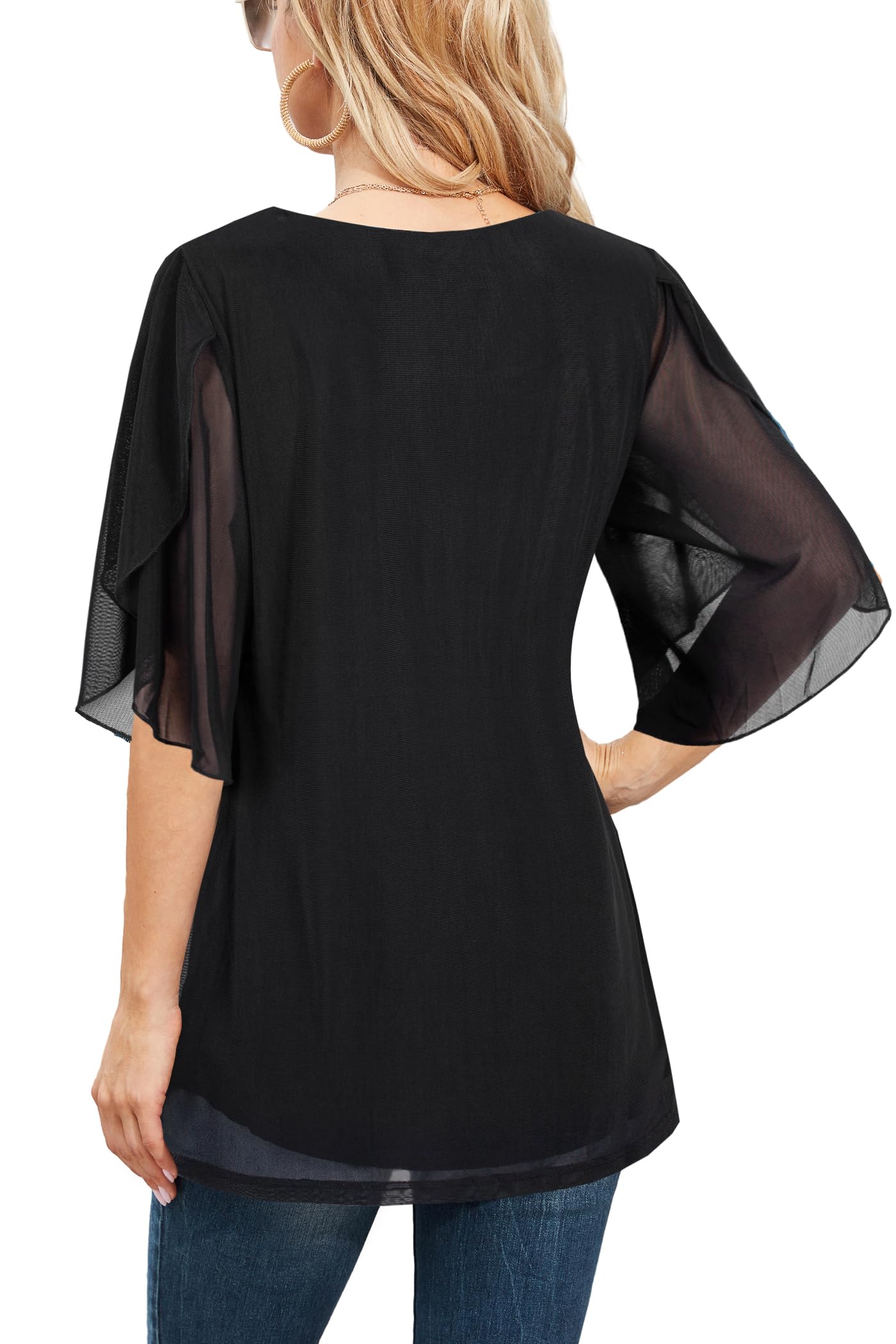 Ninedaily Women's Tops 3/4 Sleeve Blouses Dressy Casual Double Layers Mesh Tunic Shirts
