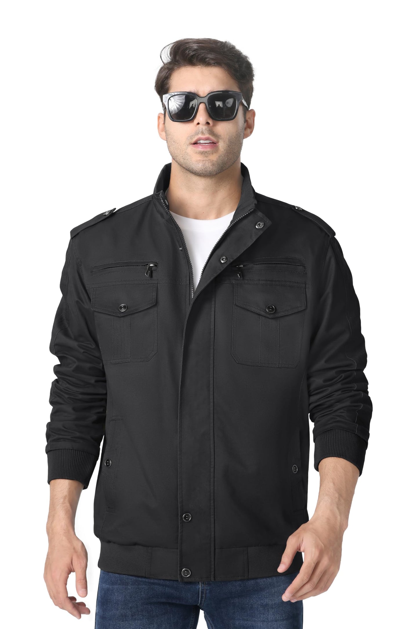 MAGNIVIT Men's Military Lightweight Army Windbreaker Cargo Jacket With Stand Collar, Zip Front, 7 Pockets - Cotton