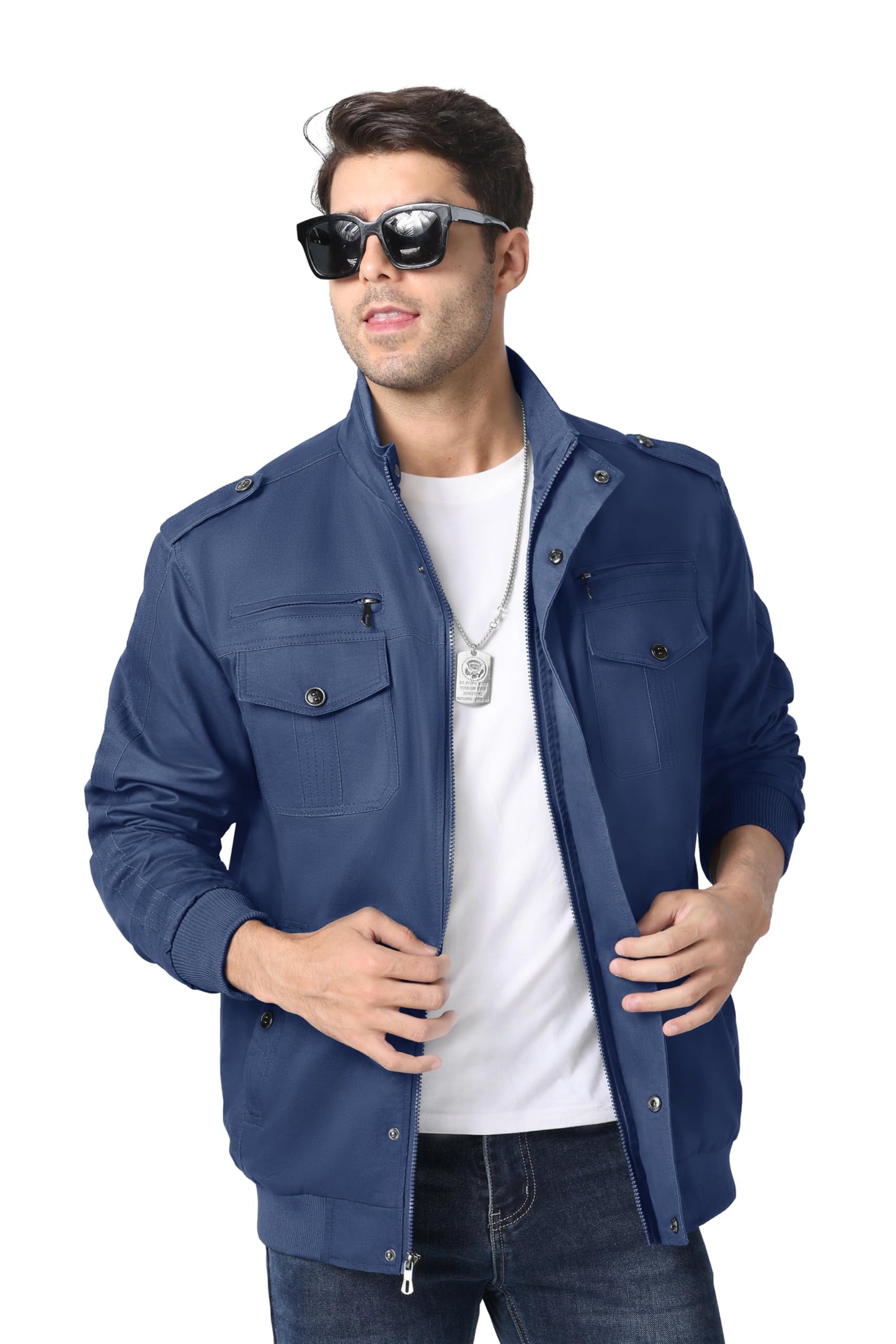 MAGNIVIT Men's Military Lightweight Army Windbreaker Cargo Jacket With Stand Collar, Zip Front, 7 Pockets - Cotton