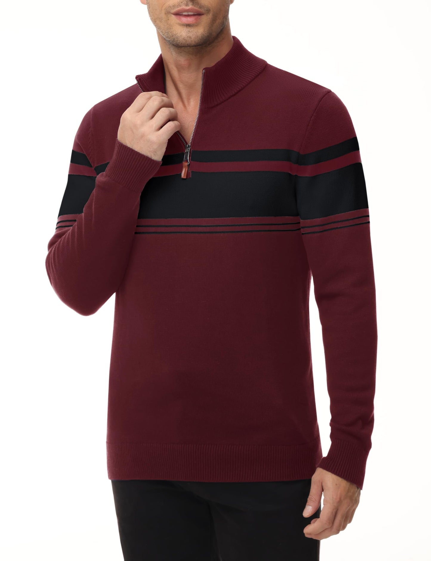 MAGNIVIT Men's Sweater Quarter Zip Striped Pullover Fall Winter Spring Color Block Polo Sweatshirts