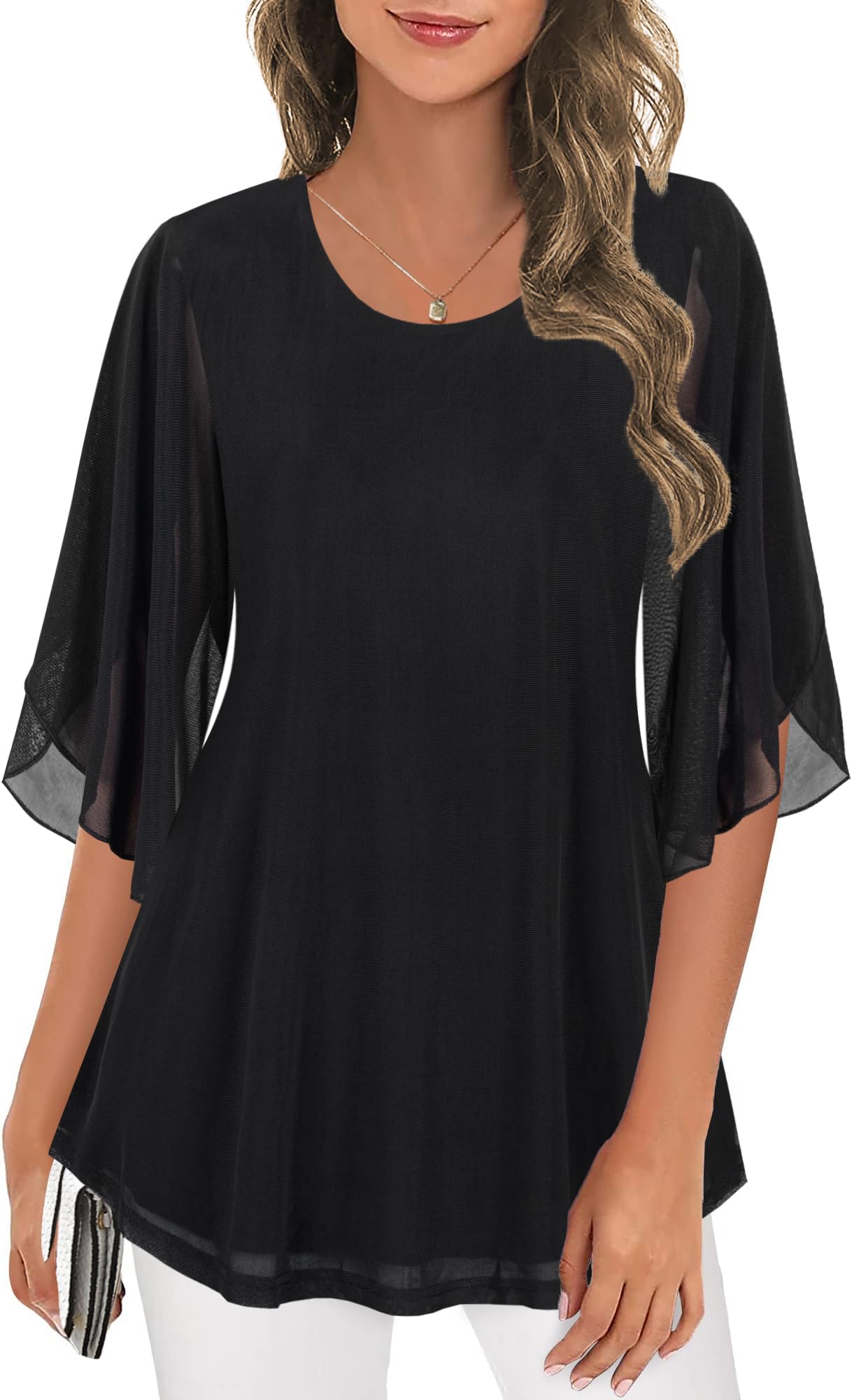 Ninedaily Women's Tops 3/4 Sleeve Blouses Dressy Casual Double Layers Mesh Tunic Shirts