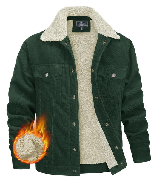 MAGNIVIT Men's Corduroy Fleece Cargo Jacket Winter Snap Button Lapel Sherpa Lined Trucker Cowboy Coat with 5 Pockets