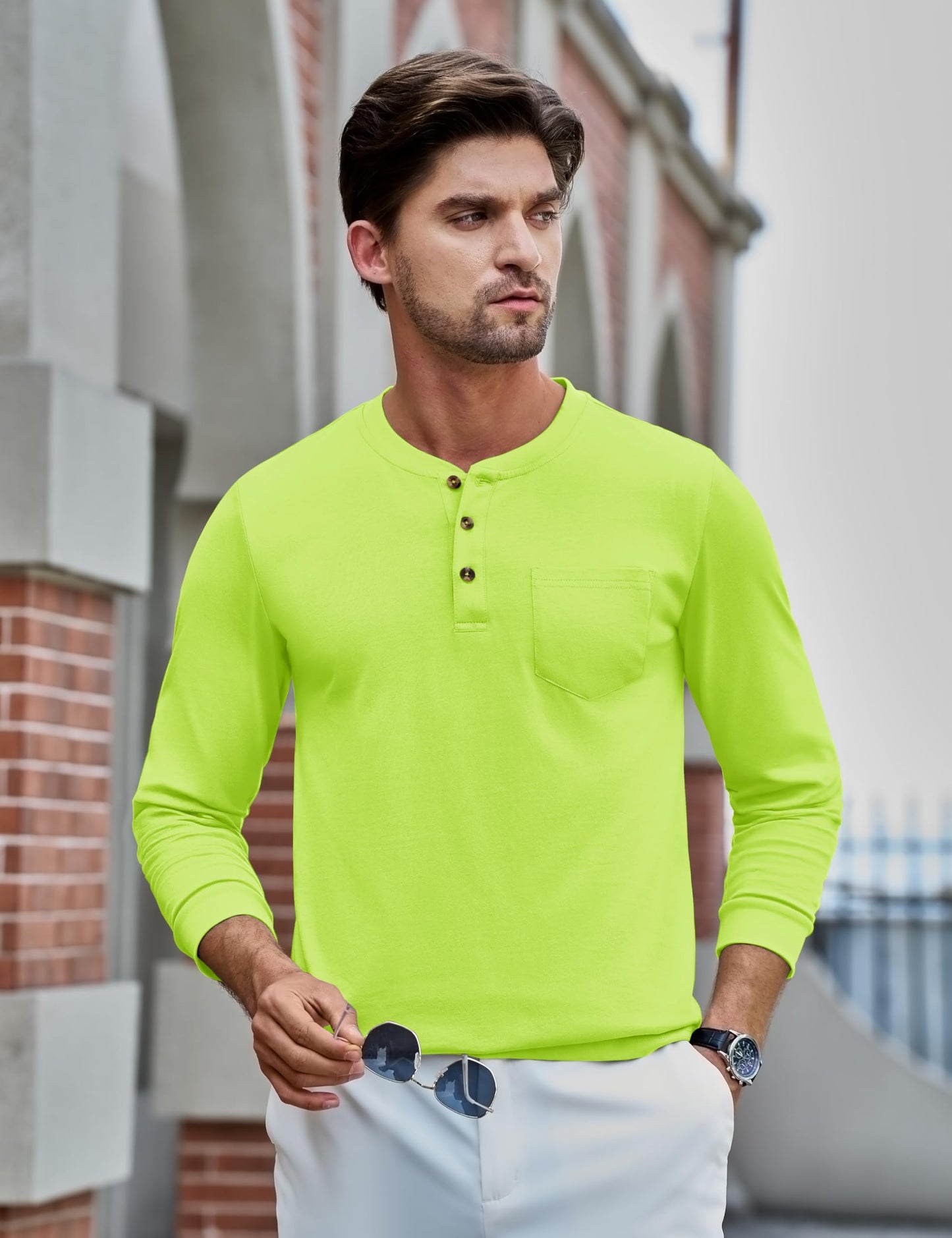 MAGNIVIT Mens Henley Shirts Long Sleeve with Pocket Fall Cotton Casual T-Shirts Plain Moisture Wicking Tee with 3 Button