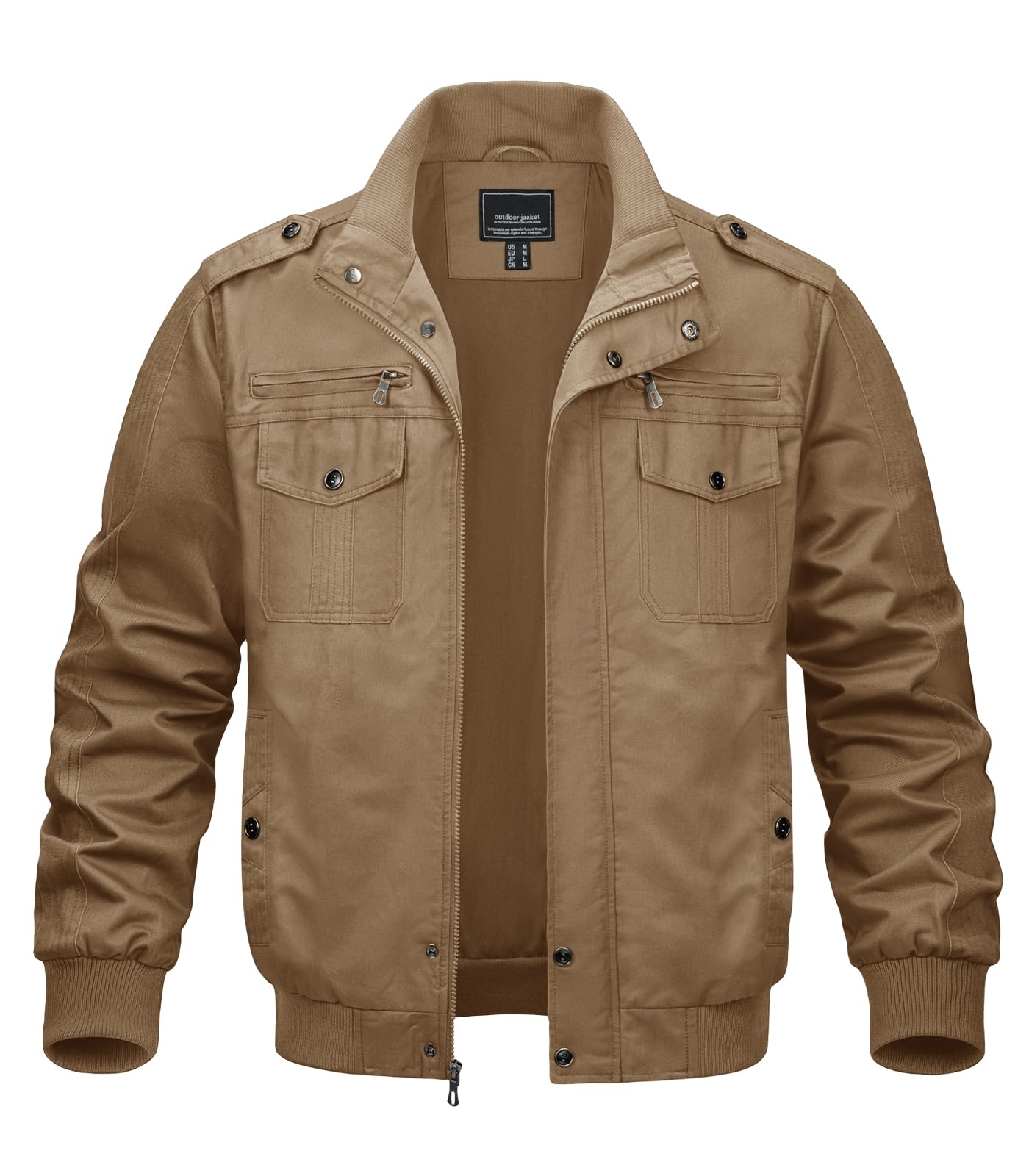 MAGNIVIT Men's Military Lightweight Army Windbreaker Cargo Jacket With Stand Collar, Zip Front, 7 Pockets - Cotton
