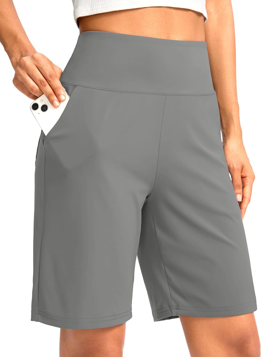 G Gradual Women's Bermuda Long Shorts with Pockets 9" High Waisted Knee Length Shorts for Women Walking Athletic Workout