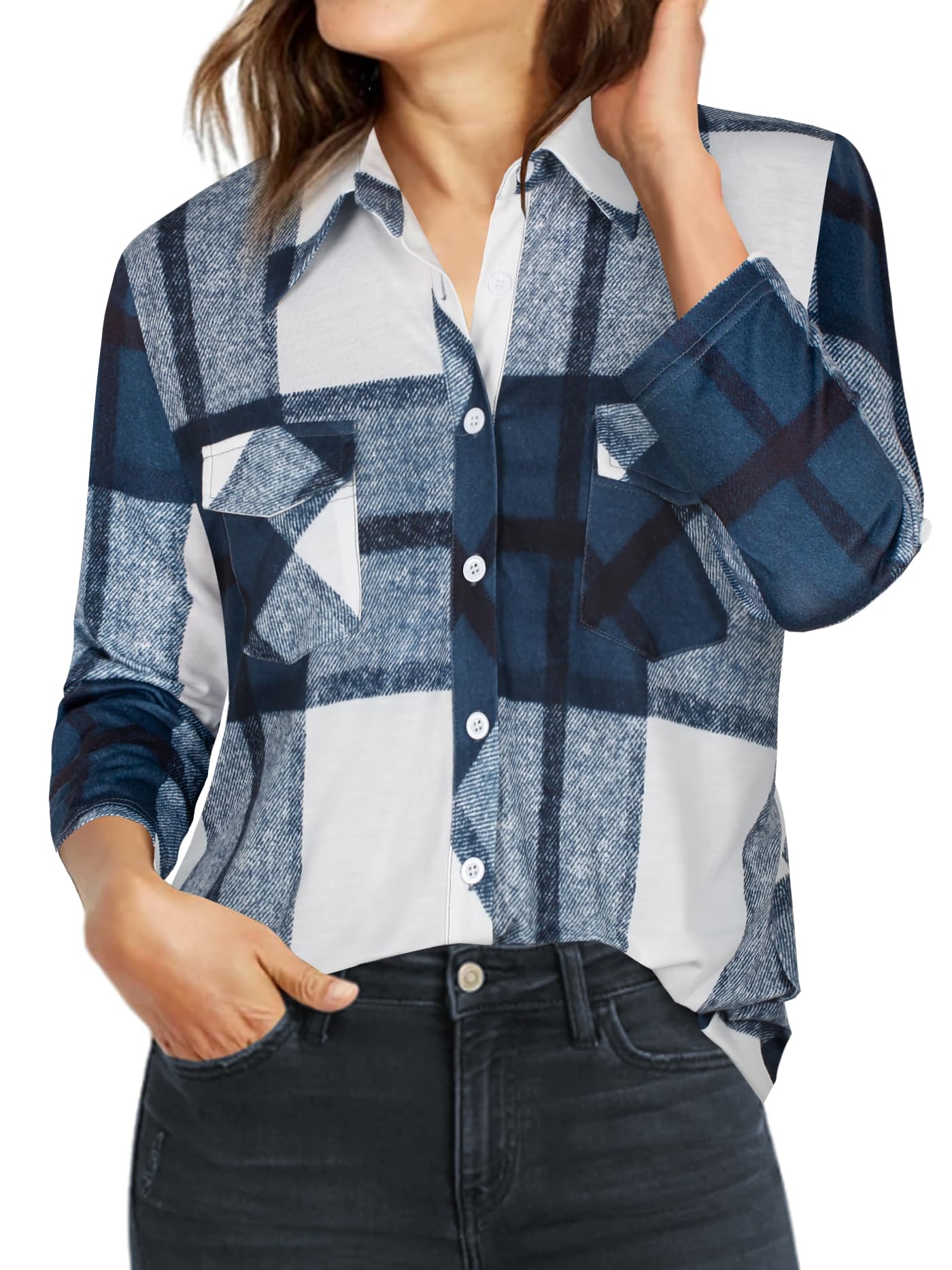 Ninedaily Women's Plaid Shirt Collared Button Down Blouse 3/4 Sleeve Tunic Tops